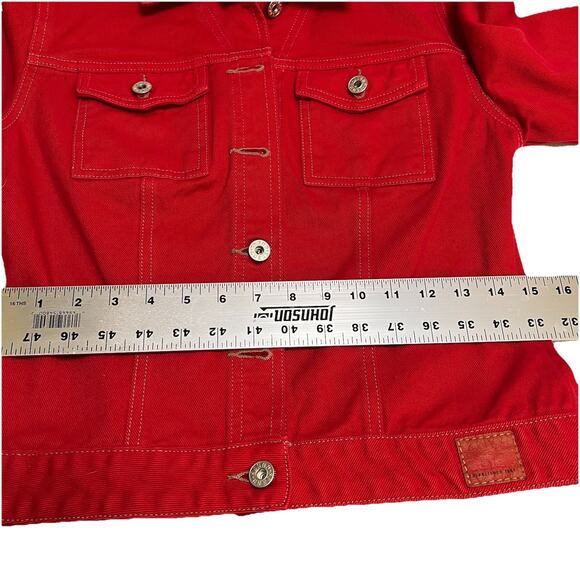 Guess Women's Denim Jacket Medium Vtg Red Jean Pockets Trucker Biker 90's Y2K - Picture 8 of 10